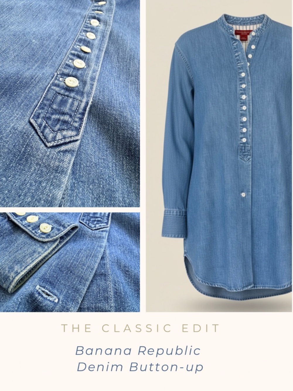 Banana Republic Denim Button-Front Shirt | Oversized | Band Collar | Minimalist